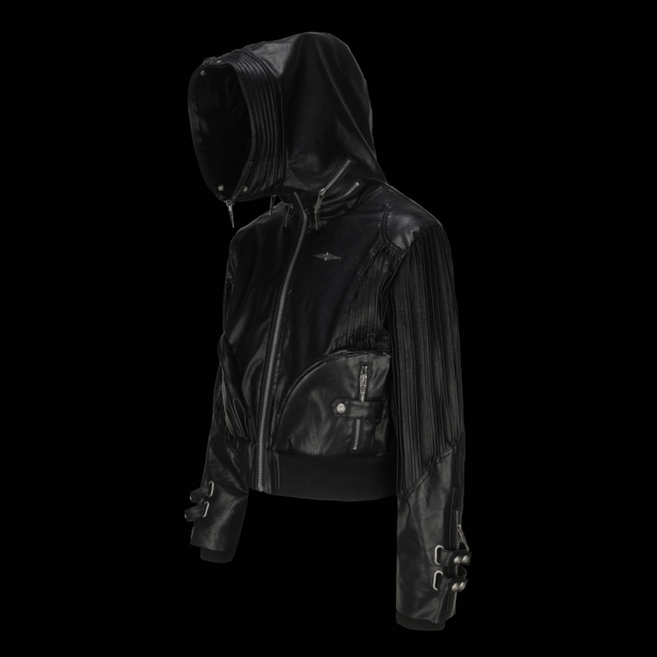 LEATHER PLISSE HOOD JACKET